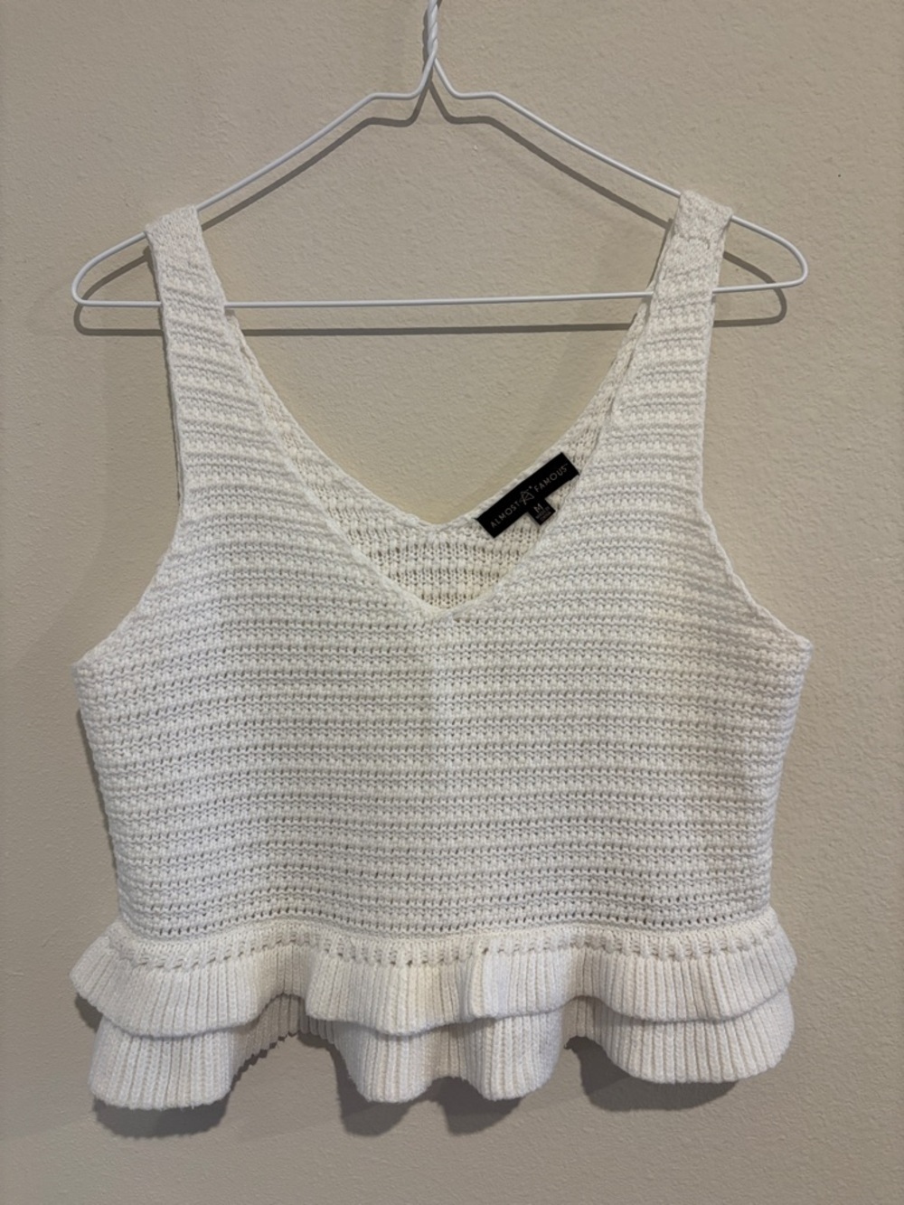 Almost Famous White Knit Ruffle Cropped tank top